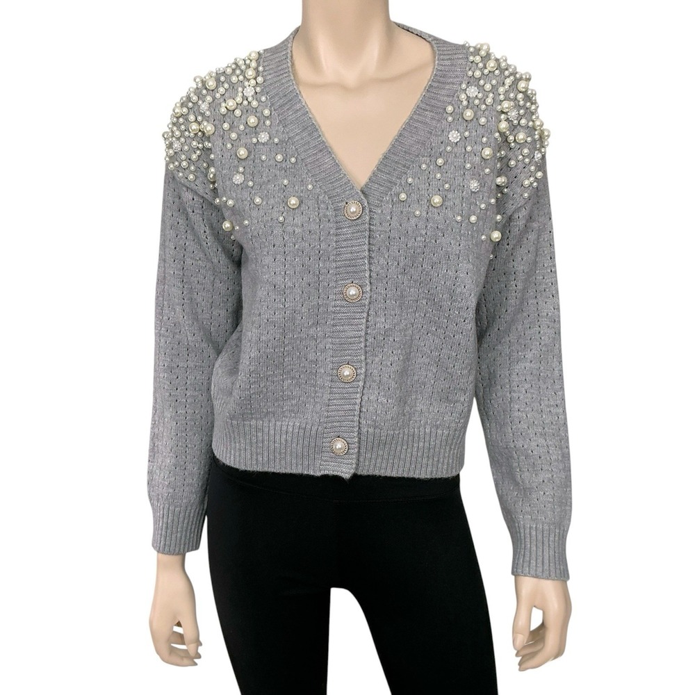 Strut & Bolt Cardigan Women Small Gray Long Sleeve Knit Pearls Rhinestones NWT